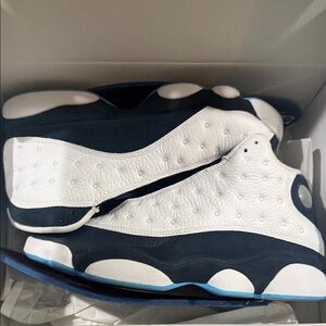 Retro Basketball Sneakers in White and Navy with Light Blue Accents